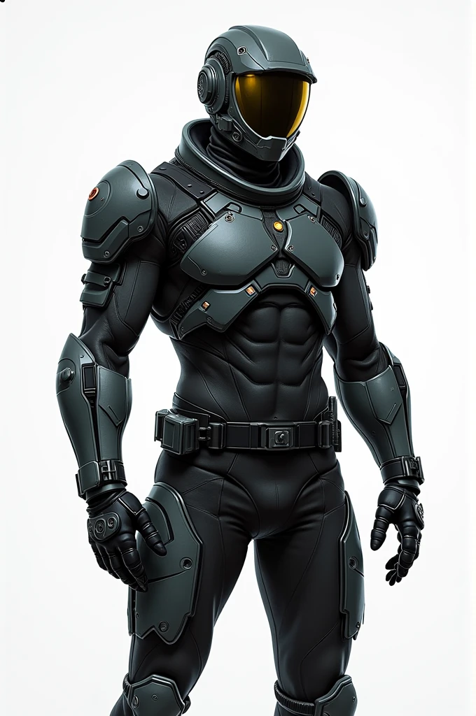 Character of the gender: masculine
### **Clothing and Equipment:**
- **cybernetic armor:** Multiple parts of 87's body are covered in cybernetic armor plates integrated into his body., especially on the shoulders, forearms, torso and legs. These plates are made of a dark metallic material and have a futuristic design, with visible circuits that emit a faint glow when he uses his enhanced abilities.
- **muka:** His face is covered by a helmet with a highly technological and futuristic visor, the helmet is dark colored with a dark visor with a yellow LED on the top of the visor, attached to the helmet are some equipment such as flashlights and lasers.