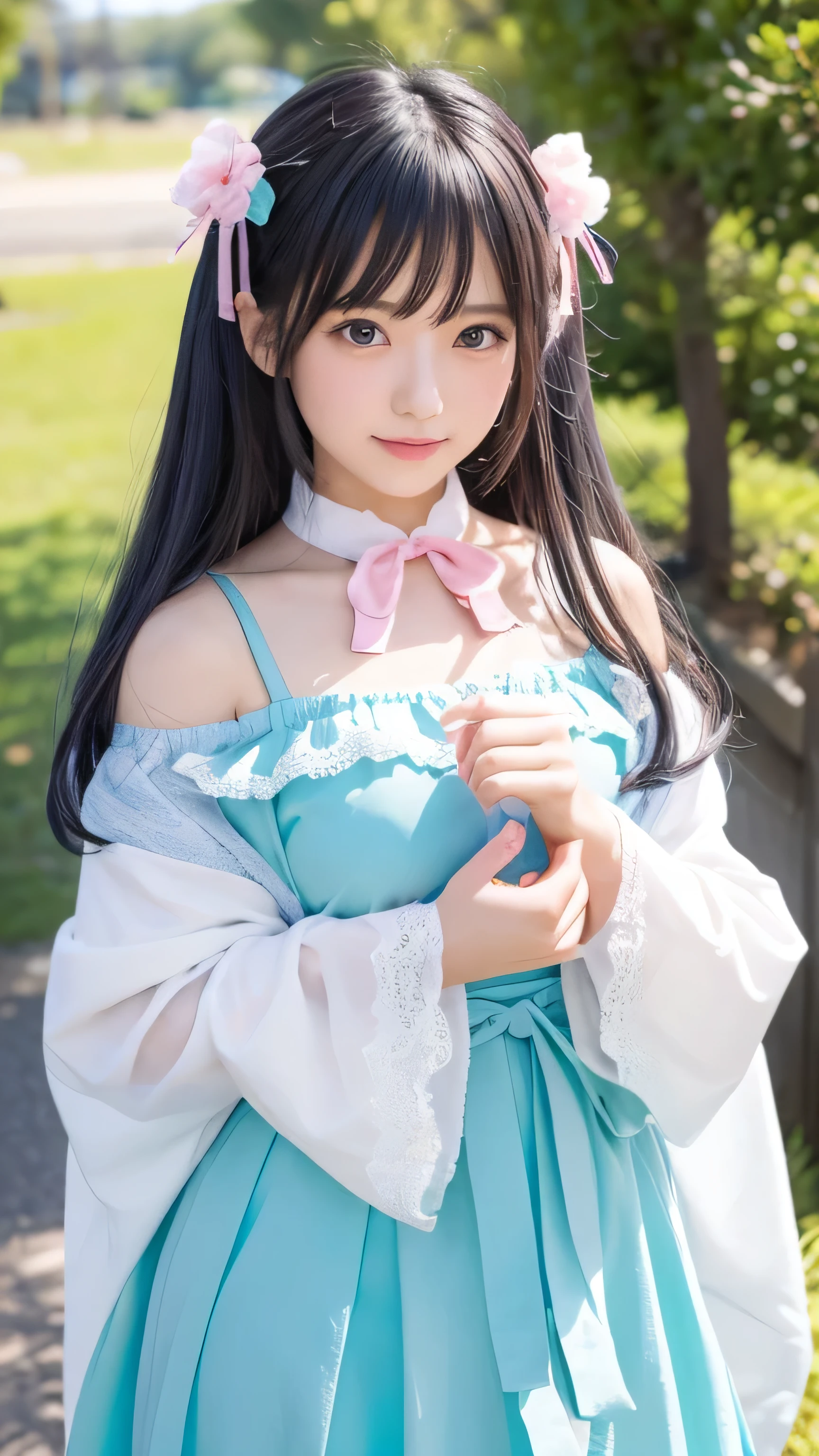 "Depict Fujin, the Japanese god of wind, reimagined as the ultimate moe character while retaining her iconic features. She stands at 155cm, with a and cute figure that exudes both charm and a subtle sense of power. Her skin is a soft, porcelain-like shade with a gentle, ethereal glow, giving her an almost otherworldly appearance. Her long, flowing hair, now a fluffy cascade of pastel colors—perhaps soft blue with hints of pink—moves gently in the wind, reflecting her control over the air.
Her eyes are large, sparkling, and filled with a mix of innocence and playful mischief, their color a vibrant shade of teal or lavender. Her expression is cheerful and slightly shy, with a cute smile that radiates warmth and friendliness. She wears a frilly, pastel-colored outfit, complete with ribbons and lace, that combines traditional Japanese elements with modern, kawaii fashion. The fabric of her dress flutters in the wind, adding a dynamic and lively energy to her appearance.
Her iconic wind sack has been transformed into an adorable, oversized accessory—perhaps a large, plush backpack in the shape of a cloud or a cute pouch adorned with wind-themed charms. The background is a bright and cheerful landscape, with a clear blue sky, rolling green hills, and fluffy clouds drifting lazily by. Despite her moe appearance, the scene captures her as a playful yet powerful figure, blending the traditional essence of Fujin with the irresistibly cute and charming traits of a moe character."