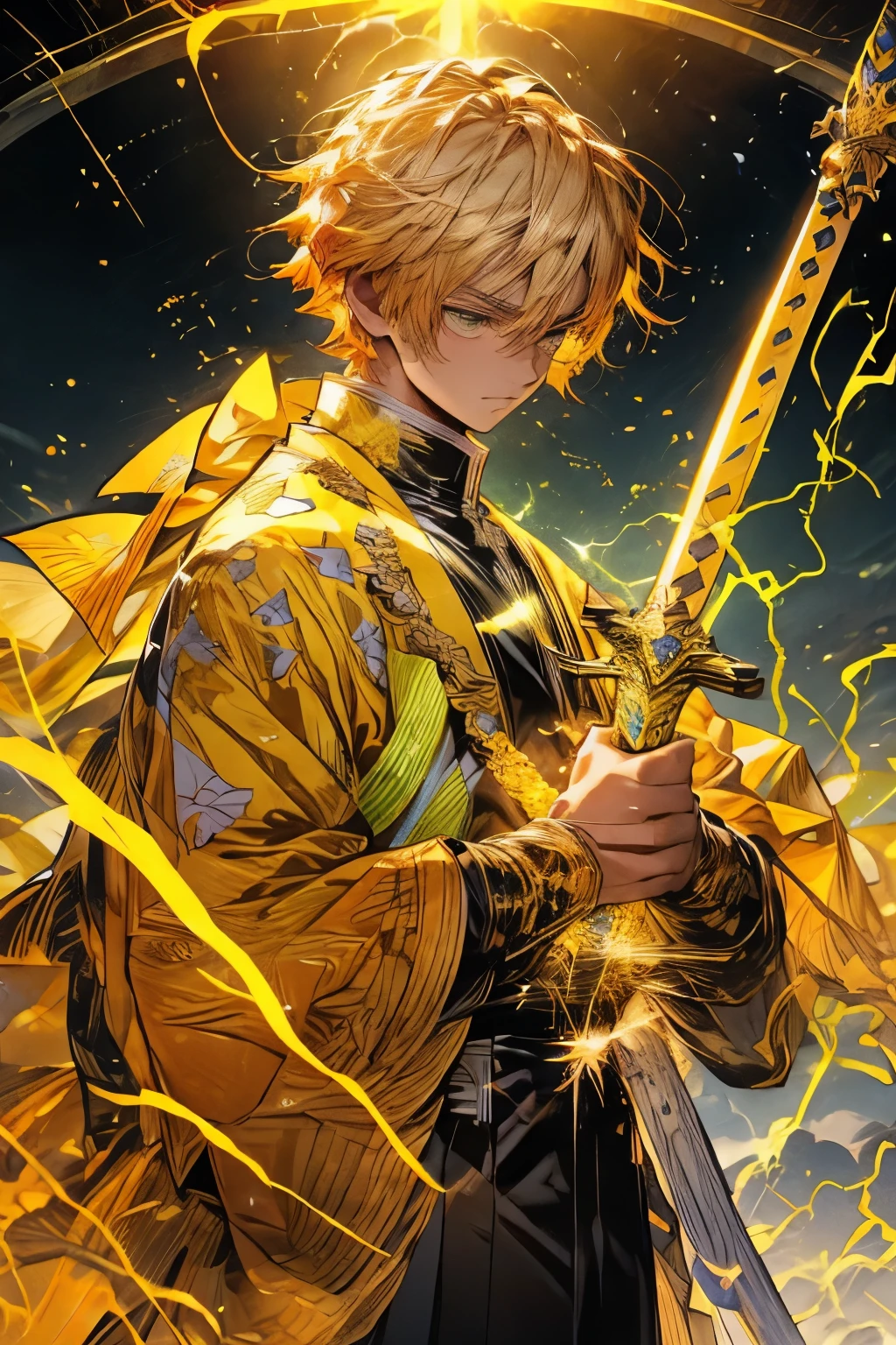 Zenitsu Agatsuma, Characters from the Demon Slayer series, Ready to draw the sword, There was intense concentration in his eyes., stare ahead with nervous anticipation, Lean forward slightly, Wearing a vibrant electric yellow outfit, Lightning-filled atmosphere,