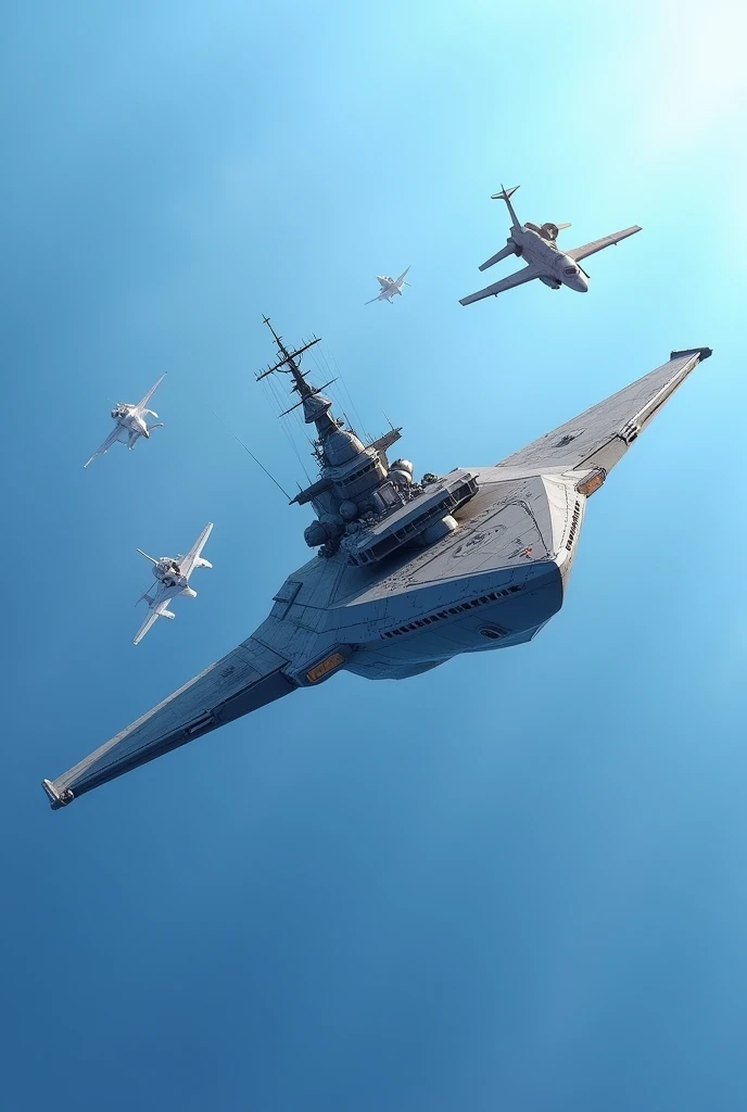 ((a special ship and triangular shape)),((clear blue sky at high speed)),((in combat with airplanes))