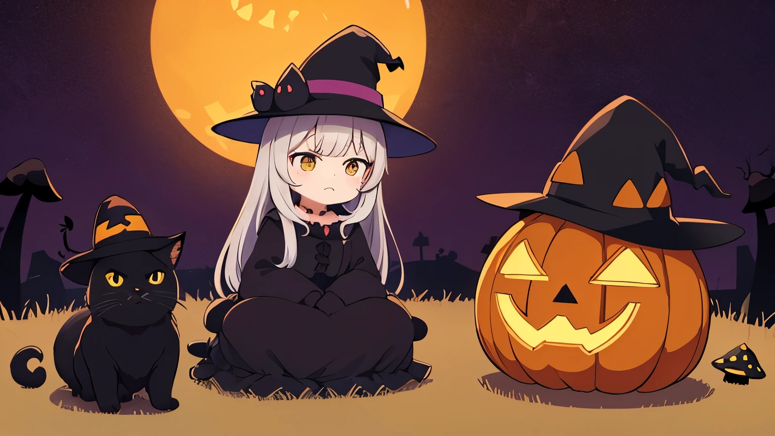 A pumpkin with a witch's hat and a mushroom black cat. Super cute, kawaii, halloween colors. Mushrooms, spooky, spiders