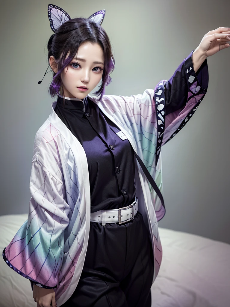 masterpiece, Highest quality, High resolution, One person, alone, kochou shinobu, Butterfly Hair Ornament, Purple eyes, Multicolored Hair, short hair, Parted bangs, Haori, Wide sleeves, Long sleeve, Black trousers, Black jacket, belt, Cowboy Shot, Have a weapon, sword
