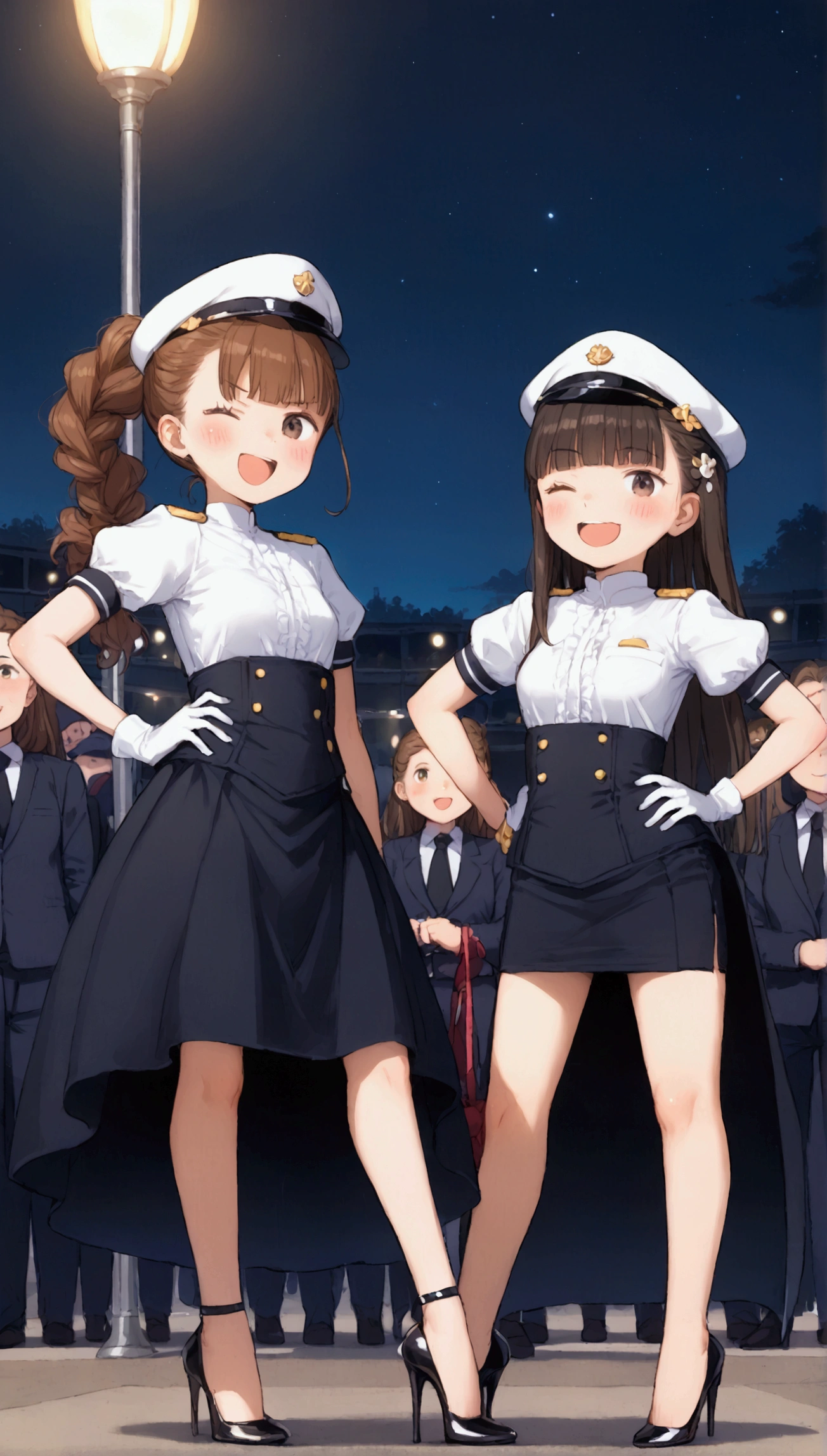 {Highest quality}, {Super beautiful},{Ultra fine},{Best illustration},Brown Hair,Hime cut,Braid,long hair,ponytail,Two Women,Standing Woman,Strike a pose,Adult women,smug face,Excited face,Double teeth,Wink,Uniform cap,White shirt,Short sleeve,Black long skirt,White gloves,Black stiletto heels,Night Park,crowd,Blushing,Slender,from the front,Spread your legs,Put one hand on your hip