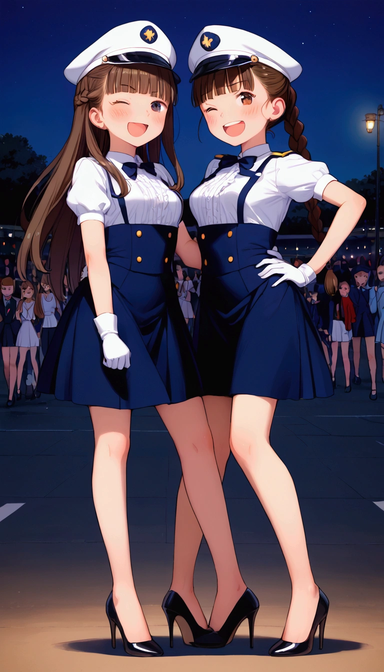 {Highest quality}, {Super beautiful},{Ultra fine},{Best illustration},Brown Hair,Hime cut,Braid,long hair,ponytail,Two Women,Standing Woman,Strike a pose,Adult women,smug face,Excited face,Double teeth,Wink,Uniform cap,White shirt,Short sleeve,Black long skirt,White gloves,Black stiletto heels,Night Park,crowd,Blushing,Slender,from the front,Spread your legs,Put one hand on your hip
