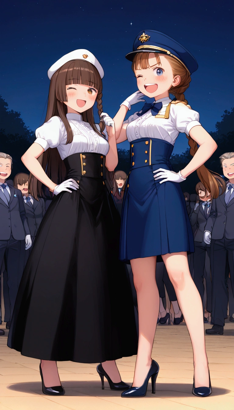 {Highest quality}, {Super beautiful},{Ultra fine},{Best illustration},Brown Hair,Hime cut,Braid,long hair,ponytail,Two Women,Standing Woman,Strike a pose,Adult women,smug face,Excited face,Double teeth,Wink,Uniform cap,White shirt,Short sleeve,Black long skirt,White gloves,Black stiletto heels,Night Park,crowd,Blushing,Slender,from the front,Spread your legs,Put one hand on your hip