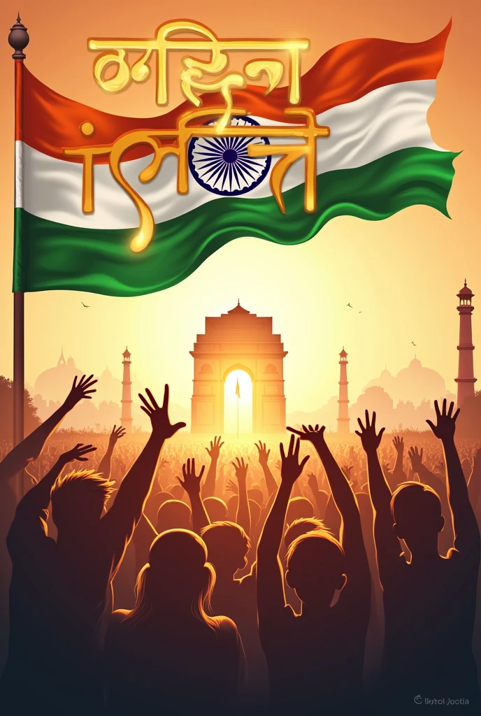 To create a thumbnail for the Independence Day song in Hindi, here's a detailed prompt you can use:

---

**Prompt:** "A vibrant and patriotic thumbnail featuring the Indian flag waving majestically in the background. In the foreground, a group of diverse people, including soldiers, children, and common citizens, are joyfully celebrating. The text 'स्वतंत्रता के गीत' is written in bold, golden letters at the top, with a glow effect around it. Below the text, an image of the India Gate or Red Fort is subtly visible, symbolizing heritage. The overall color scheme includes shades of saffron, white, and green, reflecting the Indian tricolor, with a slight burst of light emanating from the center to signify hope and freedom."

---

This prompt should guide the creation of a powerful and visually appealing thumbnail for your Independence Day song.