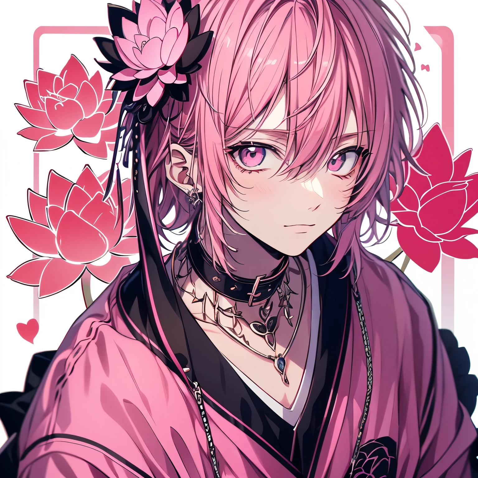 (masterpiece), Highest quality, Ultra-high resolution,male、1 person、Pink Hair、Short Hair、Pink eyes、Pink clothes、(lotus:1.3)、Japanese style、darkness