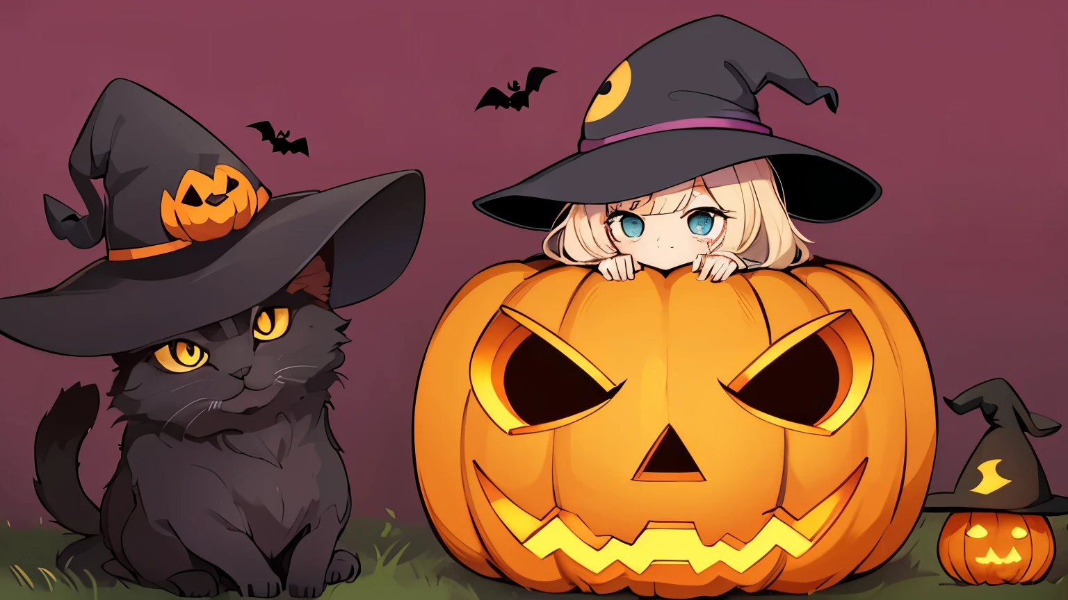 A pumpkin with a witch's hat and a mushroom black cat. Super cute, kawaii, halloween colors. Mushrooms, spooky, spiders