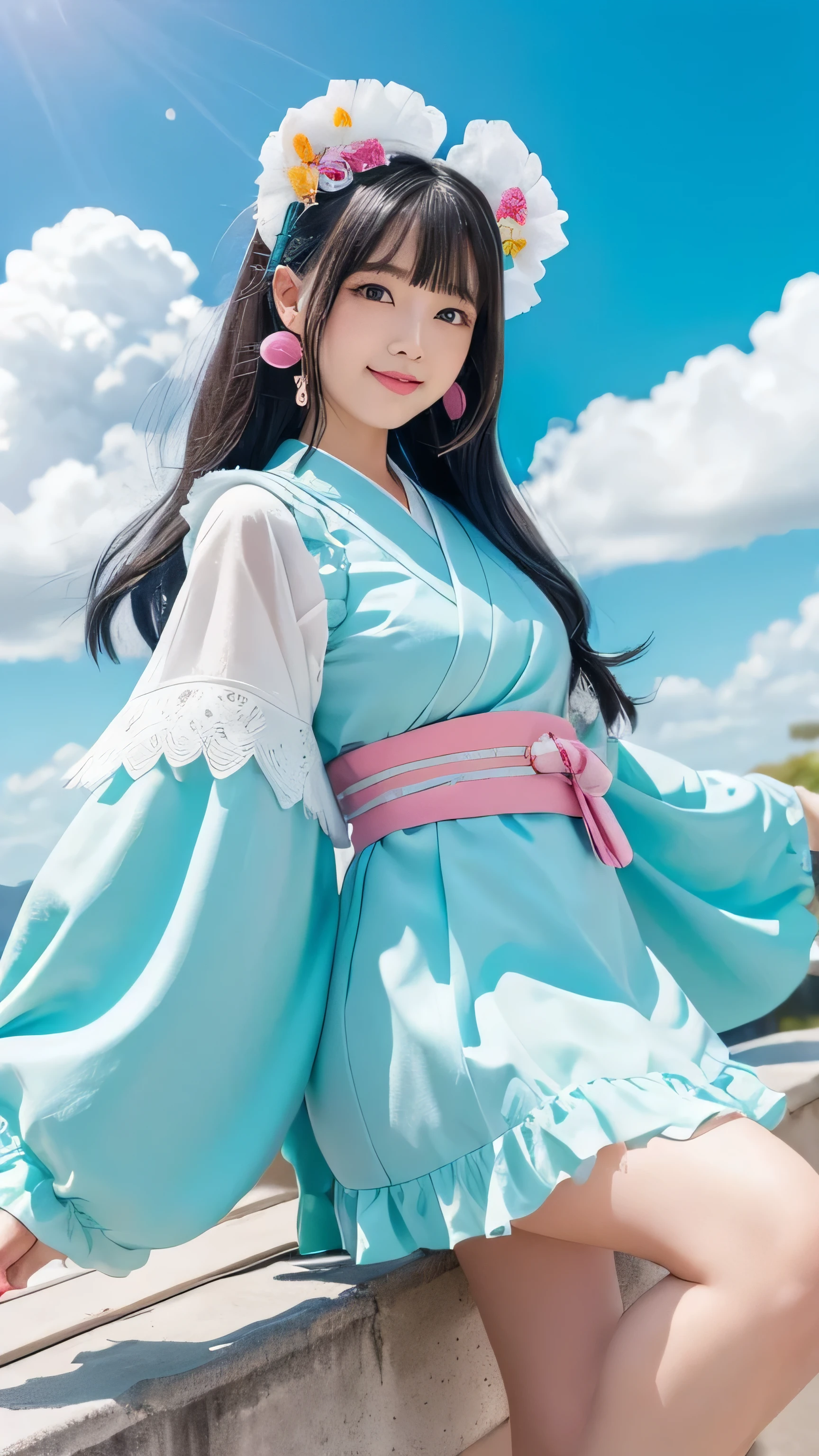"Depict Fujin, the Japanese god of wind, transformed into a moe character while retaining her iconic features. She is a and adorable figure, standing at 155cm, with soft, porcelain-like skin that glows gently in the sunlight. Her long, flowing hair, now a vibrant, sky-blue shade, flutters playfully in the wind, reflecting her control over the air. Her large, sparkling eyes are a deep shade of turquoise, filled with innocence and a hint of playful energy.
Her expression is bright and cheerful, with a sweet, shy smile that exudes warmth and friendliness. She wears a frilly, pastel-colored outfit, incorporating traditional Japanese elements like flowing sleeves and a kimono-inspired top, combined with modern kawaii fashion, including ribbons, bows, and lace. The outfit flutters delicately in the wind, adding a lively, dynamic energy to her appearance.
Her iconic wind sack has been reimagined as an adorable, oversized accessory—perhaps a cute, cloud-shaped backpack or a small, plush pouch with wind-themed charms. The background is a bright and cheerful landscape, with clear blue skies, rolling green hills, and fluffy clouds drifting by. This moe version of Fujin is a playful yet powerful figure, blending her traditional role as the god of wind with the irresistibly cute and charming traits of a moe character."