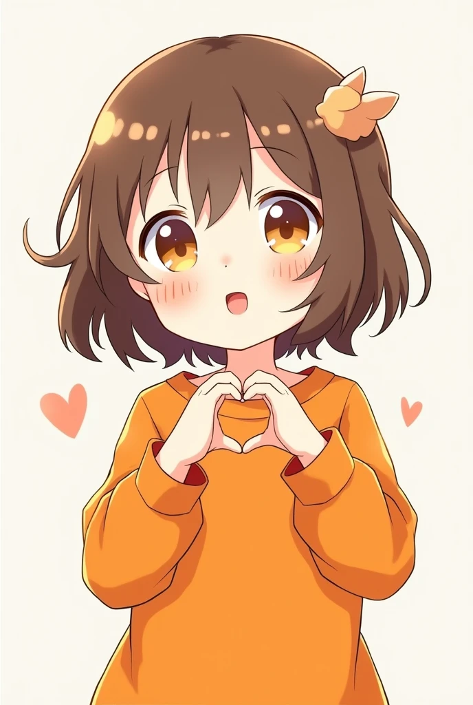 Cute anime character in orange clothes, making a heart symbol with both hands in front of their chest