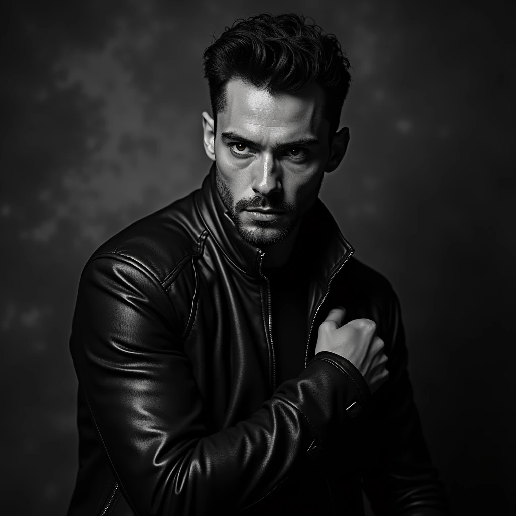 Une photo noir et blanc d'un homme vu de trois quart. We can see the top of his torso, son visage. Il a les yeux de deux couleurs différentes, one light and the other dark. he's wearing a soft leather jacket zipped up to his neck. Sa main droite est posé à plat sur le haut de son torse. His left arm is bent, hand raised, fingers together and the back of his hand facing us.
Le fond de la photo est une nuance de gris sombre et de gris plus clair..