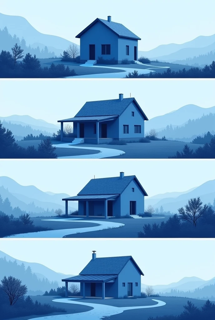 Four images illustrating the stages of a house construction project, Arranged in sequence. The first image shows the empty land before construction, in shades of blue. The second image presents the foundation and initial structure of the house, with predominant blue tones. The third image shows progress with the walls and roof already underway, still on a blue palette. The fourth image displays the house almost complete, with final blue finishes. All images must maintain a predominantly blue color palette.