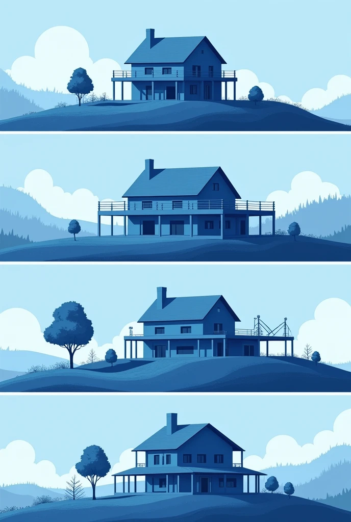 Four images illustrating the stages of a house construction project, Arranged in sequence. The first image shows the empty land before construction, in shades of blue. The second image presents the foundation and initial structure of the house, with predominant blue tones. The third image shows progress with the walls and roof already underway, still on a blue palette. The fourth image displays the house almost complete, with final blue finishes. All images must maintain a predominantly blue color palette.