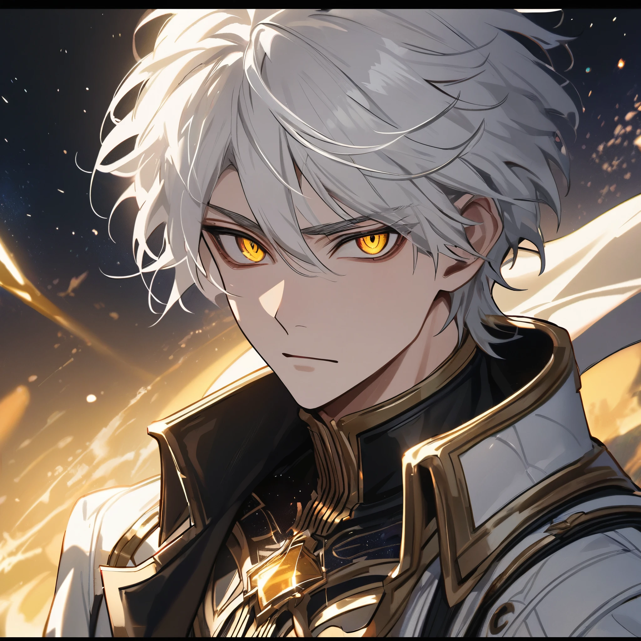 High quality, HD, 4k, no shadows, handsome male, handsome, 1male, 18 years old, 18yo, short white hair, white hair, white hair, white hair, sharp eyes, deep golden colored eyes, dark gold colored eyes, deep gold eyes, gold eyes, devil may cry, close up, calm expression, stoic expression, black leather clothes, white leather clothing, lean body, well trained body, upper body, looking at viewer, cowboy shot, white solar, space background