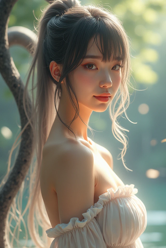 sleeveless, hypdertailed, Girls from Japan, 8k, LEI Photos, Maximum quality, work of art, realisitic, Superdetalhe fotorrealisitic, a girl, cute, Best Smile, gorgeous eyes, long hair, perfect facial features and completely naked