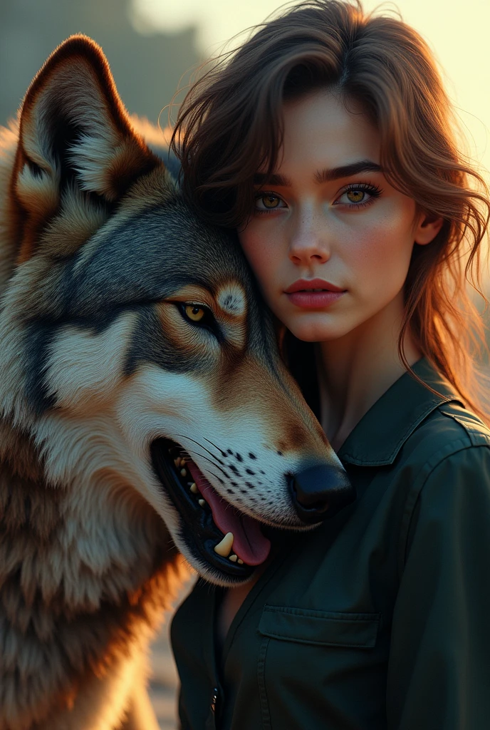 prompt: create an 8k, hyper realistic, airbrush glossy gta v cinematic poster style image of a beautiful girl with a soft sexy long  hair name Aa brown

 long hair  beside a large, snarling wolf with intricate