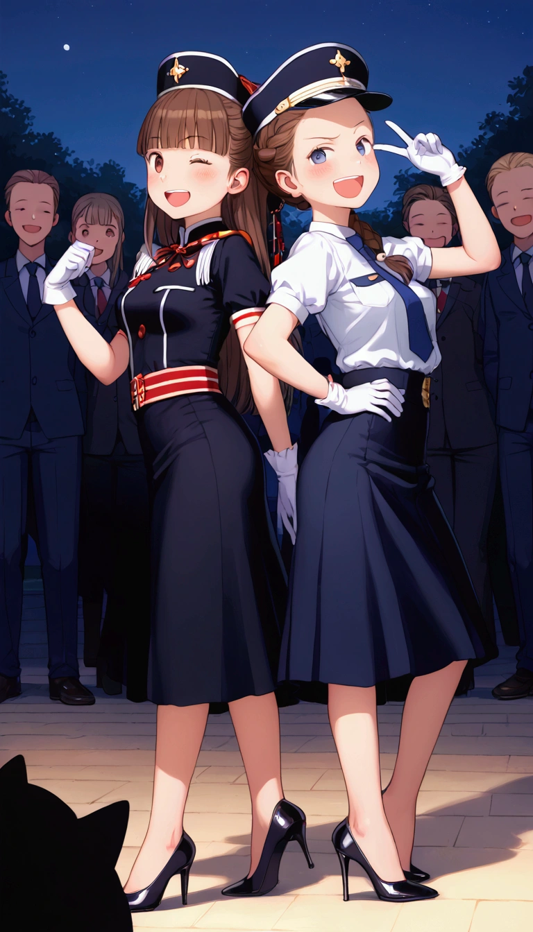 {Highest quality}, {Super beautiful},{Ultra fine},{Best illustration},Brown Hair,Hime cut,Braid,long hair,ponytail,Two Women,Standing Woman,Strike a pose,Adult women,smug face,Excited face,Double teeth,Wink,Uniform cap,White shirt,Short sleeve,Black long skirt,White gloves,Black stiletto heels,Night Park,crowd,Blushing,Slender,From the side,Spread your legs,Put one hand on your hip