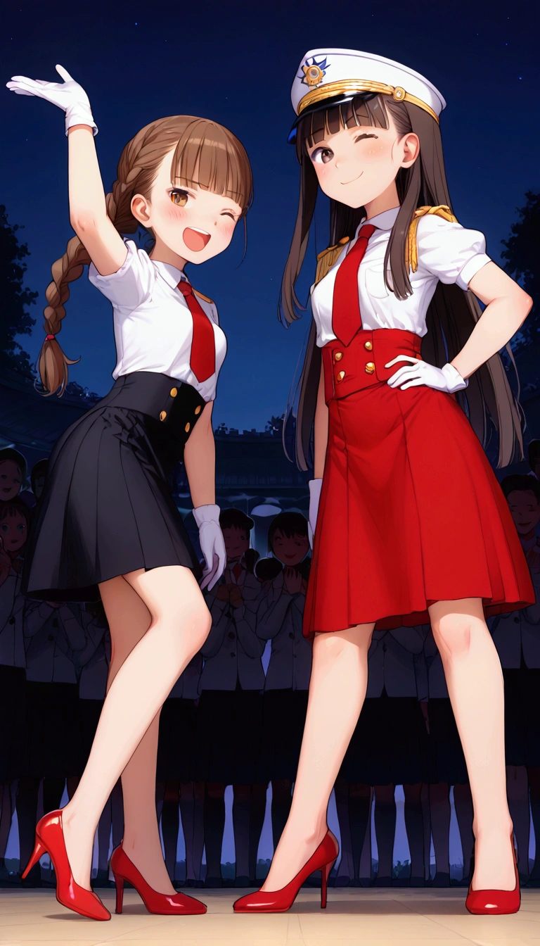 {Highest quality}, {Super beautiful},{Ultra fine},{Best illustration},Brown Hair,Hime cut,Braid,long hair,ponytail,Two Women,Standing Woman,Strike a pose,Adult women,smug face,Excited face,Double teeth,Wink,Uniform cap,White shirt,Short sleeve,Black long skirt,White gloves,Black stiletto heels,Night Park,crowd,Blushing,Slender,From the side,Spread your legs,Put one hand on your hip