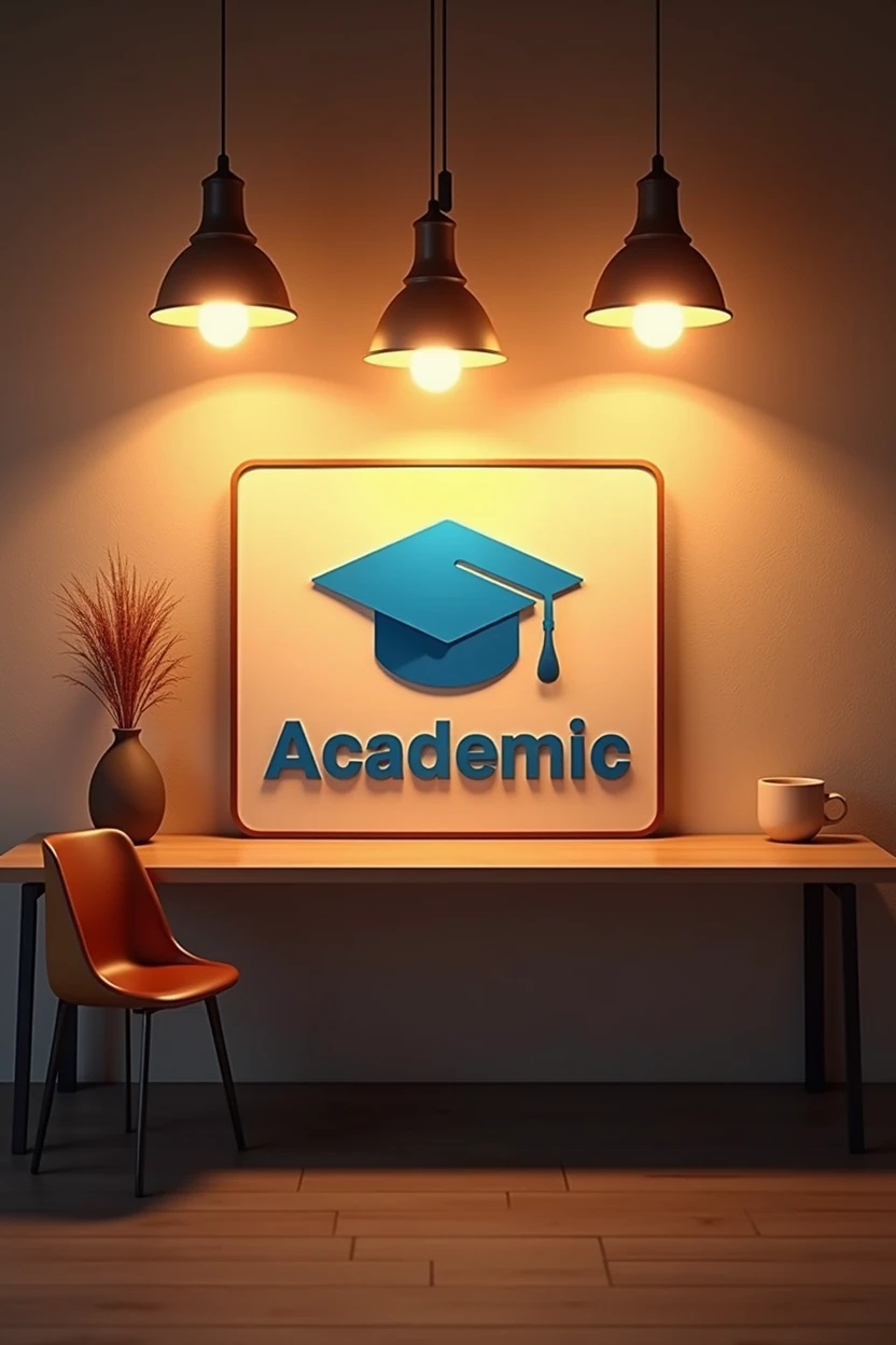 Create a background for video calls with some hanging ceiling lights and a background sign with a blue cap and that says Academic