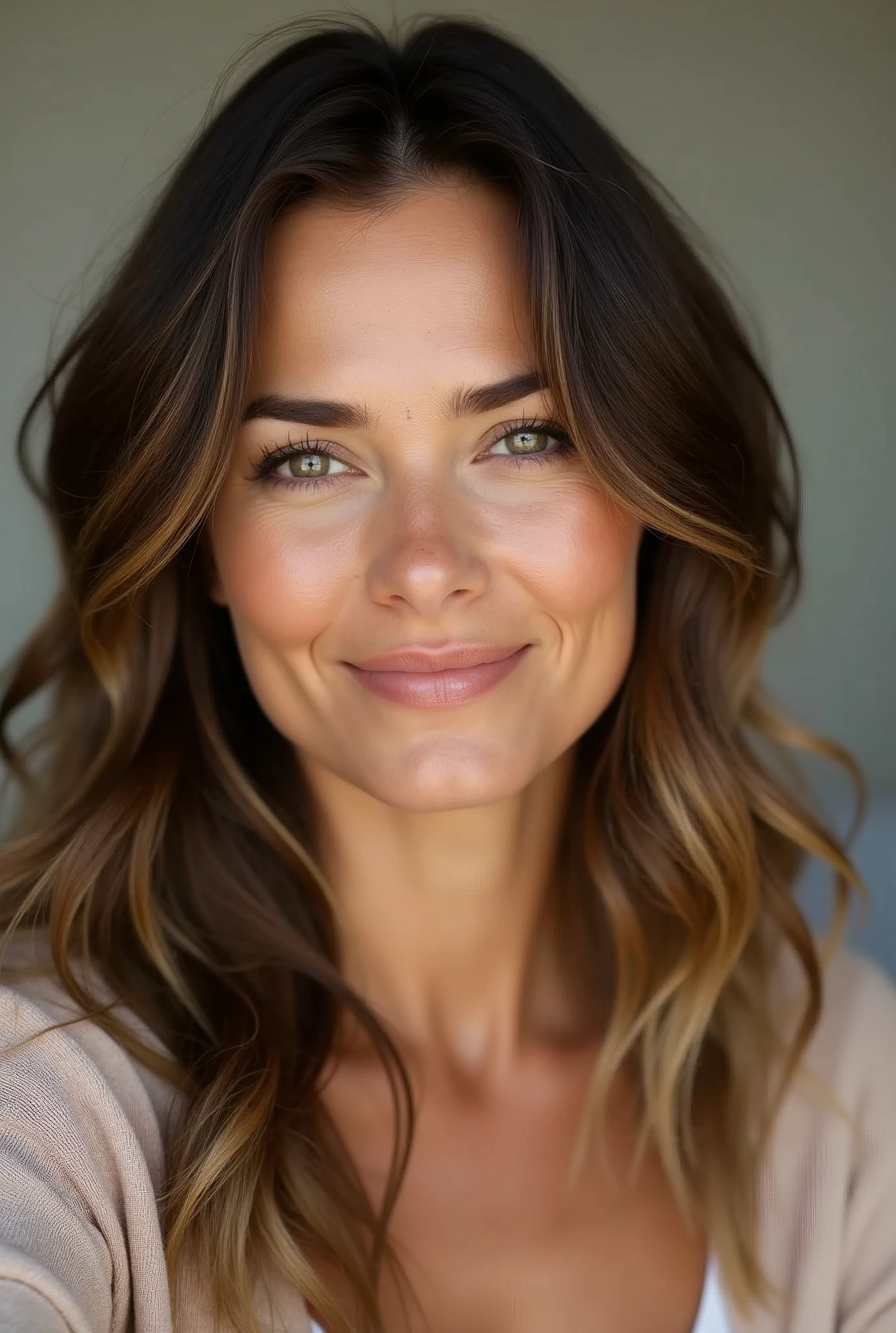 Beautiful brunette, long wavy hair with some highlights, woman 40 years old with natural makeup selfie natural