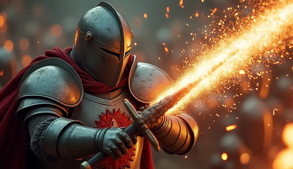 A highly realistic, high-contrast, 8K HD, detailed, hyper-detailed image of a knight delivering powerful blows with his sword, each strike captured in slow motion to emphasize the immense force and weight behind it. The knight, clad in steel armor with a lion emblem on his chest, is shown in the midst of battle, his sword clashing with the enemy's weapon. Sparks fly dramatically as metal meets metal, highlighting the intensity and power of each blow. The atmosphere is charged with energy, capturing the raw strength and determination of the knight as he fights with all his might. The image is of the highest quality, with ultra-high resolution, RAW photo quality, and Unreal Engine rendering, showcasing the knight's formidable skill and the fierce impact of his strikes under the lion emblem.