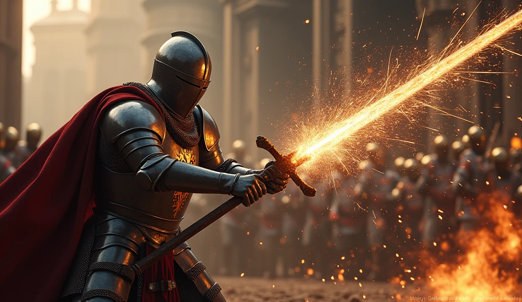A highly realistic, high-contrast, 8K HD, detailed, hyper-detailed image of a knight delivering powerful blows with his sword, each strike captured in slow motion to emphasize the immense force and weight behind it. The knight, clad in steel armor with a lion emblem on his chest, is shown in the midst of battle, his sword clashing with the enemy's weapon. Sparks fly dramatically as metal meets metal, highlighting the intensity and power of each blow. The atmosphere is charged with energy, capturing the raw strength and determination of the knight as he fights with all his might. The image is of the highest quality, with ultra-high resolution, RAW photo quality, and Unreal Engine rendering, showcasing the knight's formidable skill and the fierce impact of his strikes under the lion emblem.

