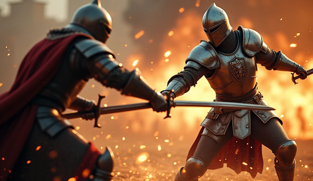 A highly realistic, high-contrast, 8K HD, detailed, hyper-detailed image of a knight delivering powerful blows with his sword, each strike captured in slow motion to emphasize the immense force and weight behind it. The knight, clad in steel armor with a lion emblem on his chest, is shown in the midst of battle, his sword clashing with the enemy's weapon. Sparks fly dramatically as metal meets metal, highlighting the intensity and power of each blow. The atmosphere is charged with energy, capturing the raw strength and determination of the knight as he fights with all his might. The image is of the highest quality, with ultra-high resolution, RAW photo quality, and Unreal Engine rendering, showcasing the knight's formidable skill and the fierce impact of his strikes under the lion emblem.