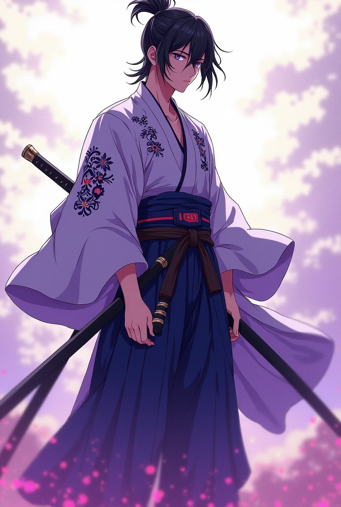 (illustrator) sketsa anime, samurai, kimono, blurple + white, front position, full body, boy, age 18