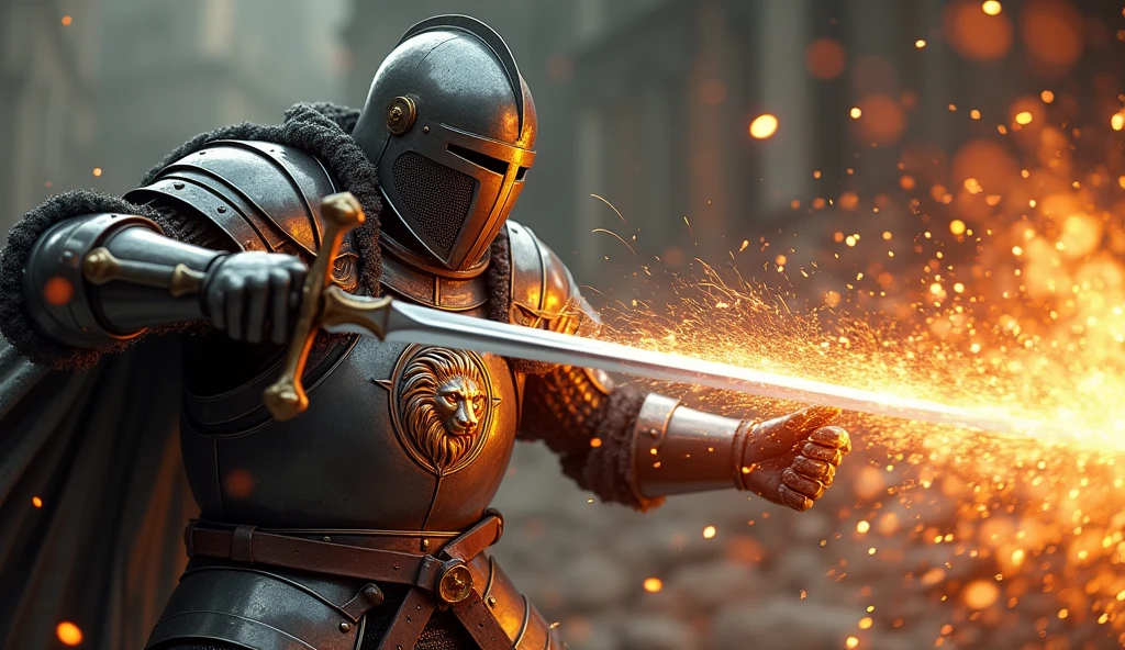 A highly realistic, high-contrast, 8K HD, detailed, hyper-detailed image of a knight delivering powerful blows with his sword, each strike captured in slow motion to emphasize the immense force and weight behind it. The knight, clad in steel armor with a lion emblem on his chest, is shown in the midst of battle, his sword clashing with the enemy's weapon. Sparks fly dramatically as metal meets metal, highlighting the intensity and power of each blow. The atmosphere is charged with energy, capturing the raw strength and determination of the knight as he fights with all his might. The image is of the highest quality, with ultra-high resolution, RAW photo quality, and Unreal Engine rendering, showcasing the knight's formidable skill and the fierce impact of his strikes under the lion emblem.
