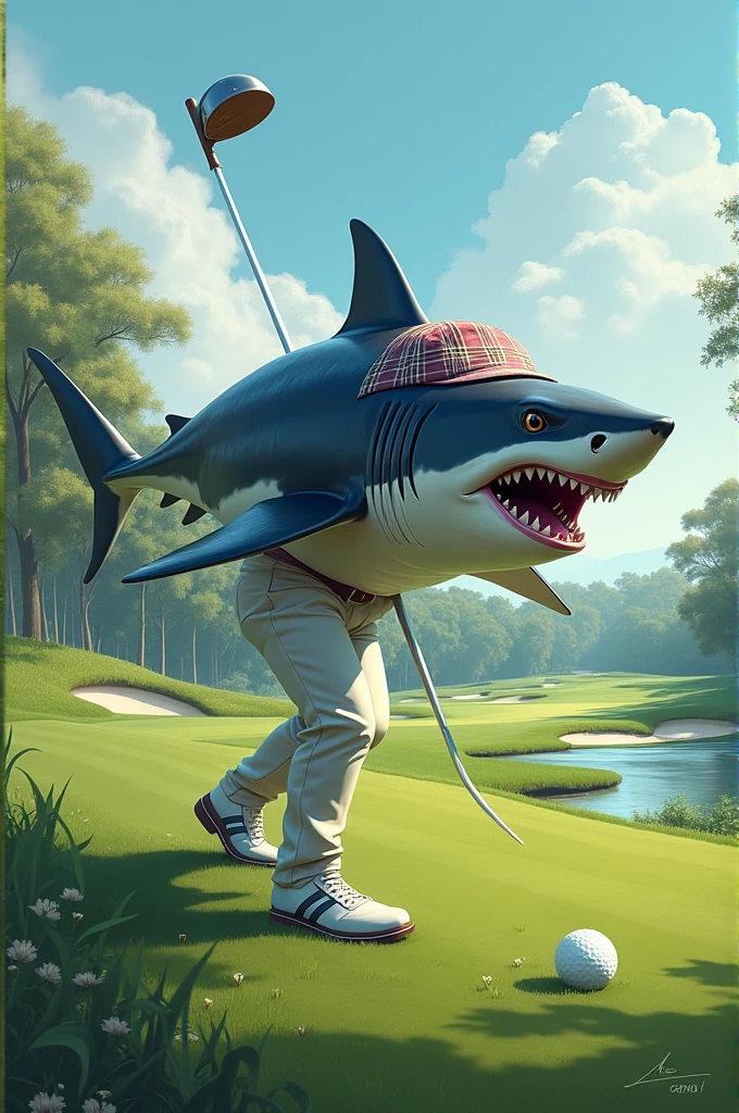 Fast shark playing fancy golf
