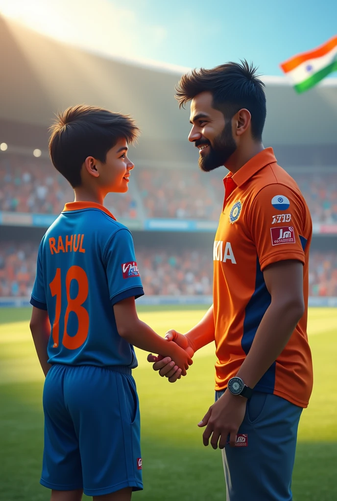 A 16 yeras old  boy wearing indian jersey with written The Rahul and jersey number 18 shaking hands with Virat Kohli 