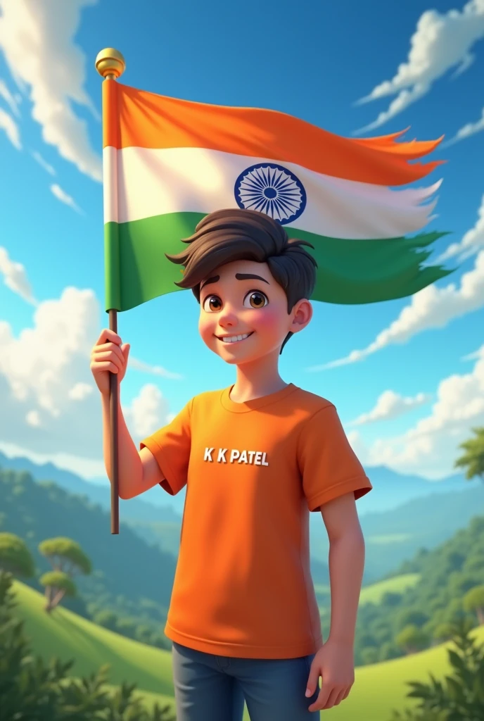 create a 3d image of 18 year old anime boy is holding an indian flag beautiful background, boy wearing saffron t- shirt Name "K K Patel" is written on it,