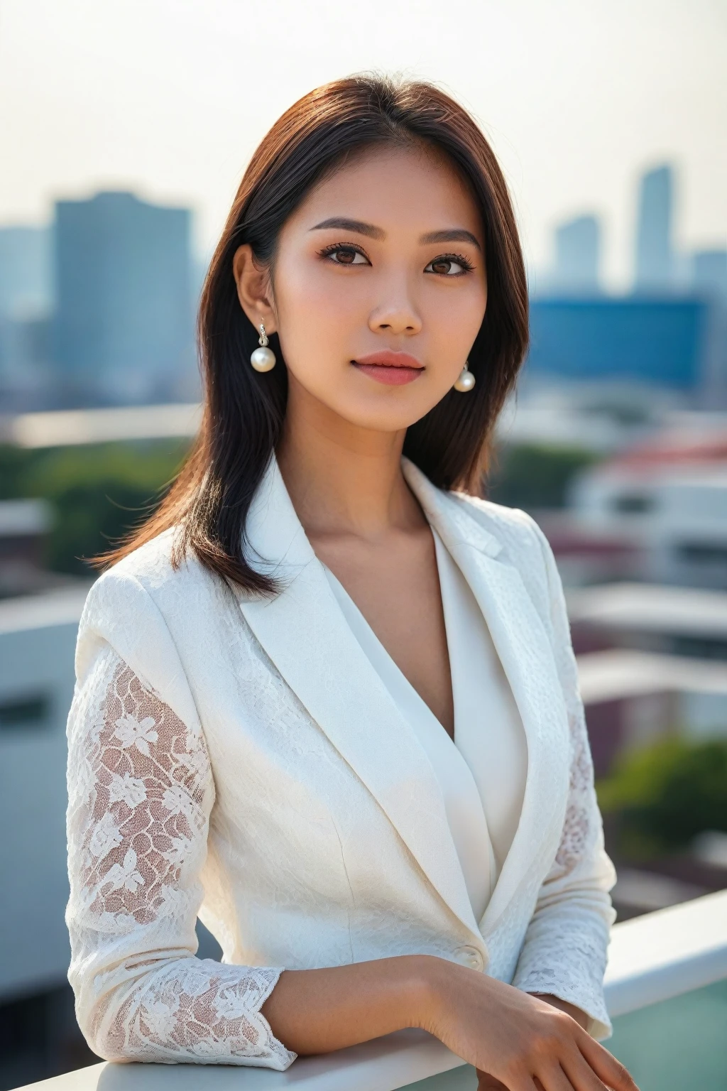 (perfect eyes), (detailed skin), (half-body portrait), Ultra-realistic young Indonesian woman, late 20s, mesmerizing beauty with deep brown eyes, refined Asian features, flawless proportions, rooftop terrace overlooking the cityscape, vibrant blue sky, tailored white business suit, elegant lace blouse, understated pearl jewelry, luxury leather handbag, natural sunlight highlighting her elegance, standing near a glass railing, poised and confident with a serene expression, detailxl