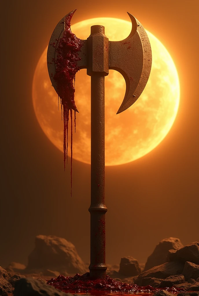 (a Giant rusty axe),Sci-fi style, high-tech products, Star Region, masterpiece, best quality, Extremely detailed, Stained with blood, Solar eclipse background, Simple golden background, Movie Lighting, glare, Photon Mapping,