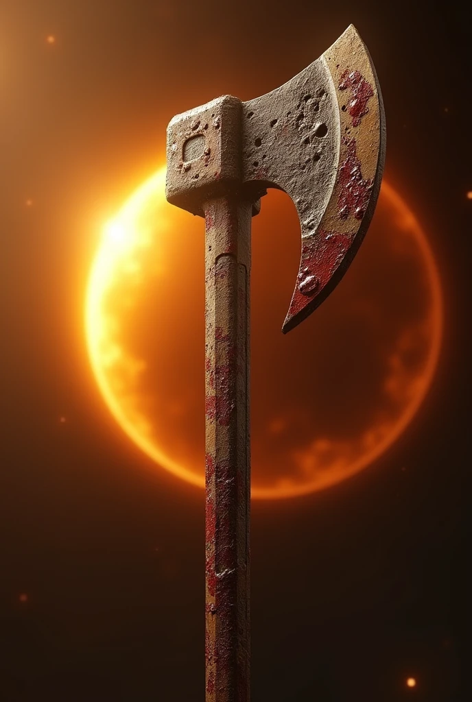(a Giant rusty axe),Sci-fi style, high-tech products, Star Region, masterpiece, best quality, Extremely detailed, Stained with blood, Solar eclipse background, Simple golden background, Movie Lighting, glare, Photon Mapping,