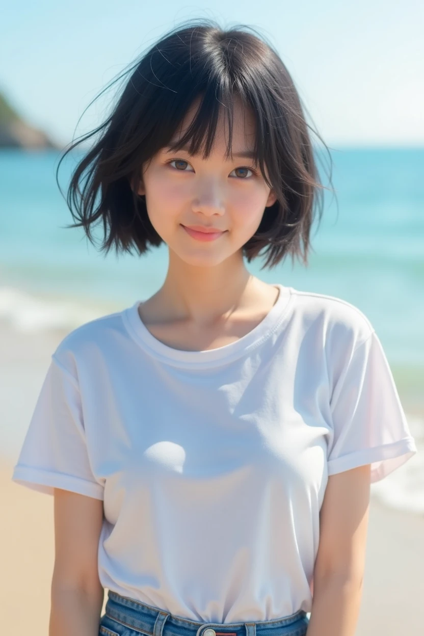 ((Top quality)), ((Masterpiece)), (Detail), Perfect face, Japanese woman, Teenage girl, Immaculate, White T-shirt, blue shorts, short black hair, big tits, bright smile, strong sunlight on beach, depth of subject, sharply focused,.