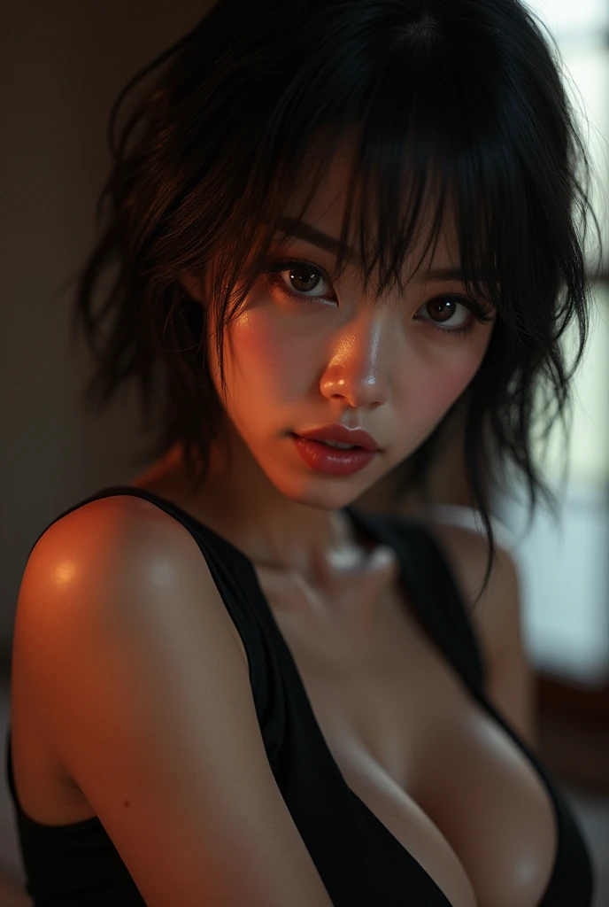 beautiful detailed eyes, beautiful detailed lips, extremely detailed eyes and face, long eyelashes, 1 japanese woman, realistic, photorealistic, photo-realistic, beautiful woman, short hair, slim figure, tight clothing, alluring gaze, sensual body, (best quality,4k,8k,highres,masterpiece:1.2),ultra-detailed,(realistic,photorealistic,photo-realistic:1.37),HDR,UHD,studio lighting,ultra-fine painting,sharp focus,physically-based rendering,extreme detail description,professional,vivid colors,bokeh,bed,dramatic lighting,stern facial features,model,Satomi Ishihara