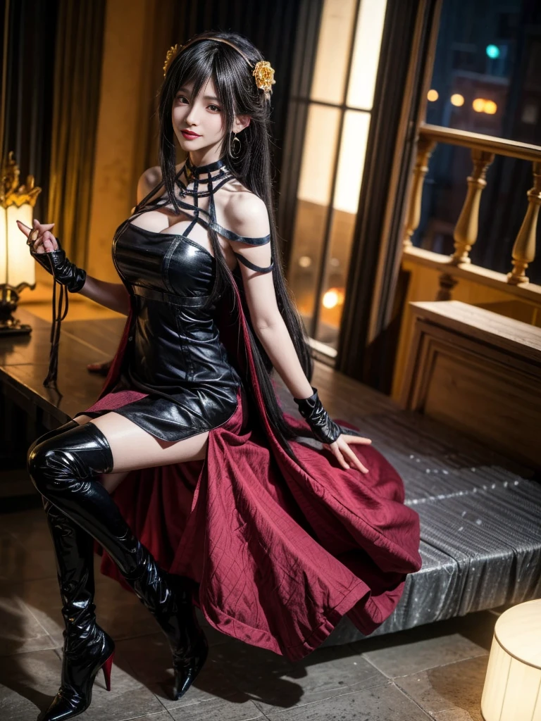 (Highest quality, 4K, masterpiece :1.3), Beautiful woman, Surreal, 1 person,),Ajolf, Side Lock,Short hair and long straight hair, Gold Hair Band, Gold earrings, Gold Hair Ornament, Big Breasts, Exposing shoulders, Black Dress, Double-sided dress with red rose cape, choker, Thigh-high boots, , Fingerless gloves, Thigh-high boots,Slender beauty, (Huge breasts, Attractive body :1.2), Abdominal exercises :1.1, Long black hair 1.1, Highly detailed face, Lip details, Beautiful Eyes, double eyelid, Sexy low neck dress, Open neckline, Twisting waist pose, Visible curves,Muscular, Bent legs, Yugal, masterpiece, Highest quality, High resolution, aaYugalf,Cowboy Shot, Are standing, Looking at the audience, Outdoor, night, (Perfect Anatomy:1.Big Ass, jewelry, Off the shoulder, Black Pantyhose, Cute Smile, Beautiful and bright lighting, Beautiful breasts,Place your hands behind your back,