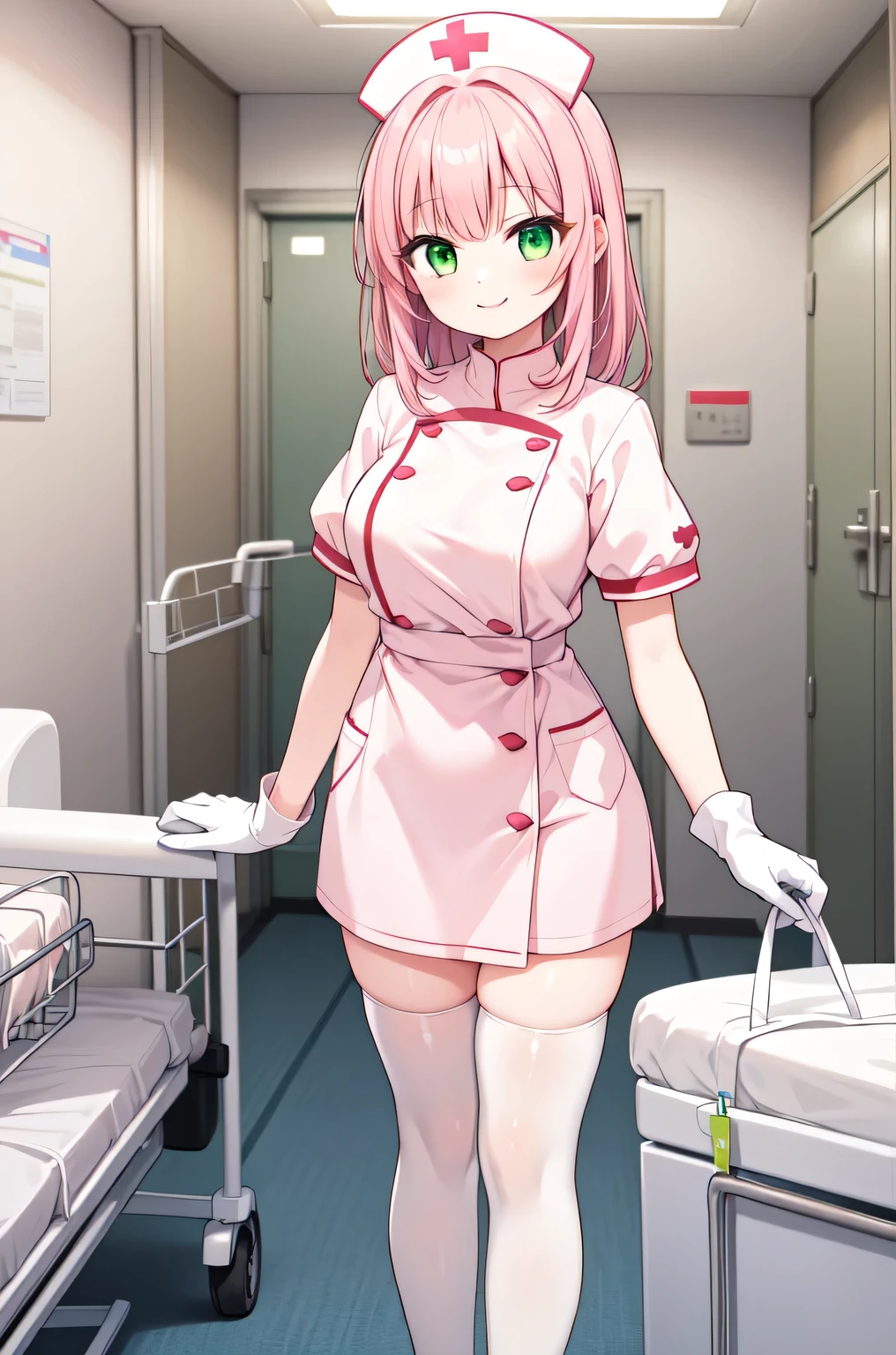 1woman, solo, nurse, white nurse cap, white nurse uniform, ((white legwear, zettai ryouiki)), white gloves, pink hair, green eyes, drooping eyes, pink lips, smile, standing, ((hospital room)), sharp outline, short sleeves, mature female, 32 years old, best quality, masterpiece