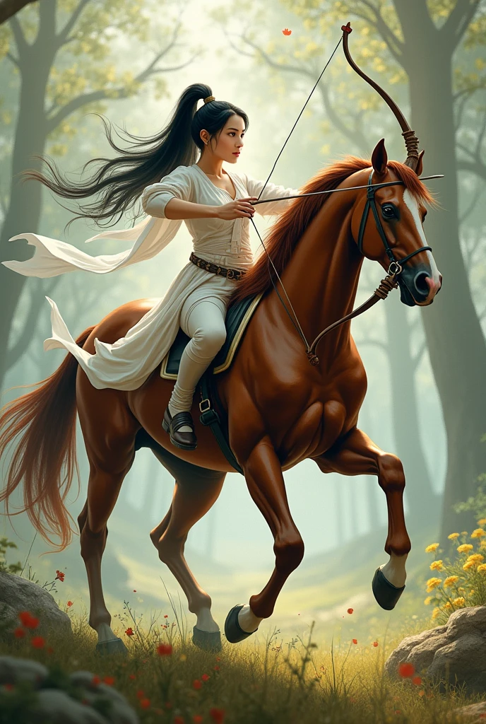 Half asian woman with archery and have a leg horse in one body