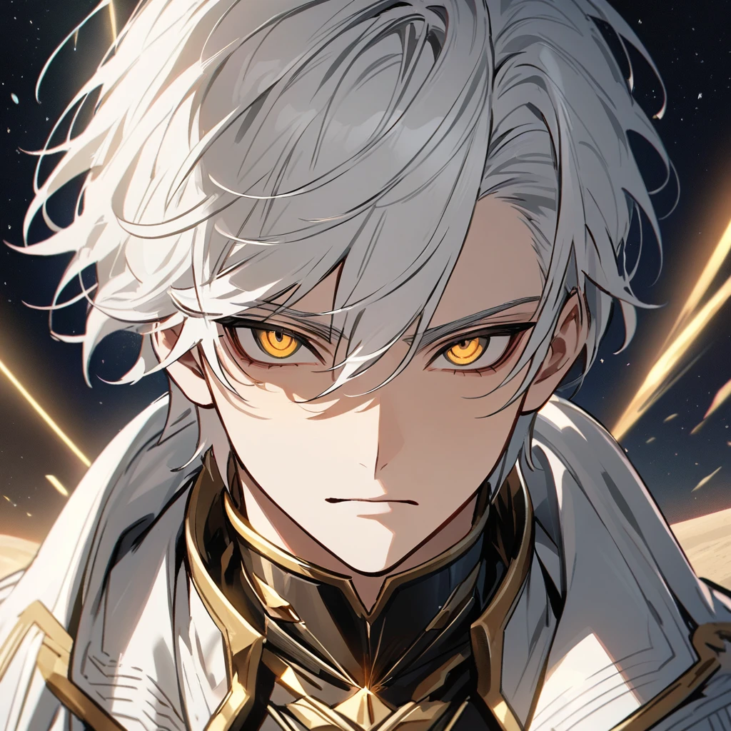 High quality, HD, 4k, no shadows, handsome male, handsome, 1male, 18 years old, 18yo, short white hair, white hair, white hair, white hair, sharp eyes, deep golden colored eyes, dark gold colored eyes, deep gold eyes, gold eyes, devil may cry, close up, calm expression, stoic expression, black leather clothes, white leather clothing, lean body, well trained body, upper body, looking at viewer, cowboy shot, white solar, space background