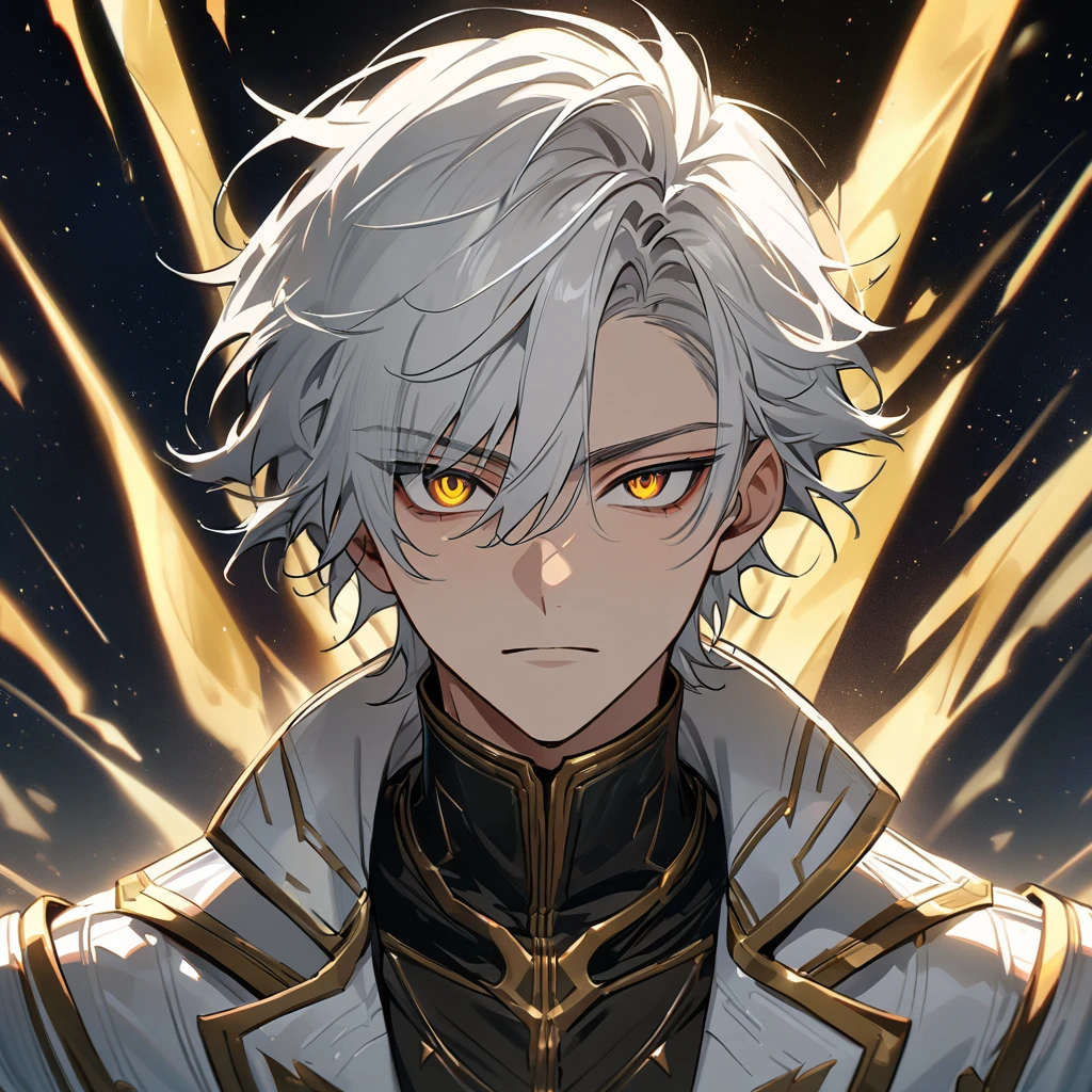 High quality, HD, 4k, no shadows, handsome male, handsome, 1male, 18 years old, 18yo, short white hair, white hair, white hair, white hair, sharp eyes, deep golden colored eyes, dark gold colored eyes, deep gold eyes, gold eyes, devil may cry, close up, calm expression, stoic expression, black leather clothes, white leather clothing, lean body, well trained body, upper body, looking at viewer, cowboy shot, white solar, space background