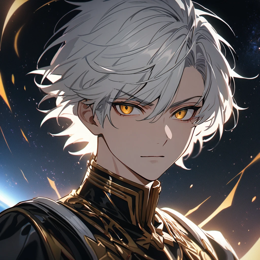 High quality, HD, 4k, no shadows, handsome male, handsome, 1male, 18 years old, 18yo, short white hair, white hair, white hair, white hair, sharp eyes, deep golden colored eyes, dark gold colored eyes, deep gold eyes, gold eyes, devil may cry, close up, calm expression, stoic expression, black leather clothes, white leather clothing, lean body, well trained body, upper body, looking at viewer, cowboy shot, white solar, space background