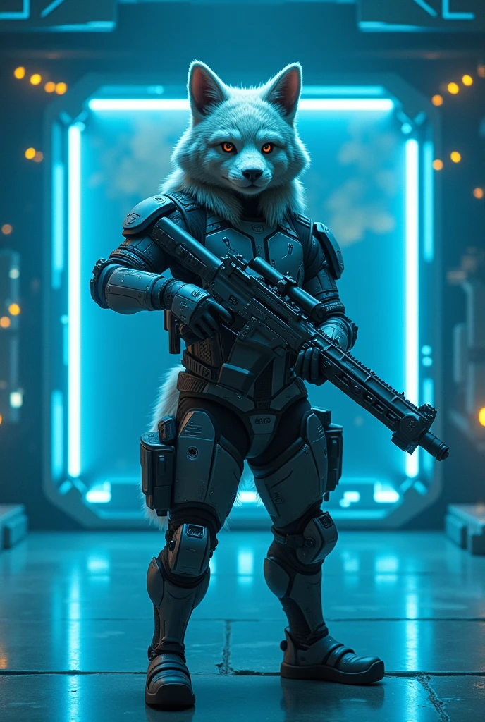 Tech style background, man in a fursuit, blue lights everywhere, man has tech weapons