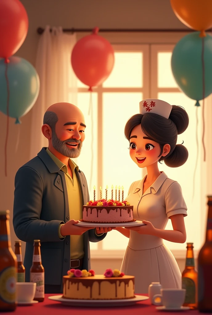 Create a bald chinese father with her wife wearing a nurse uniform holding a cake with dedication of Happy Birthday Banjo with beers and balloons