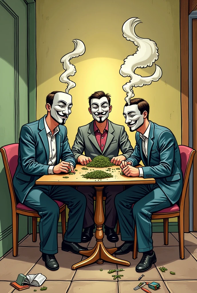 Create a cartoon image of 3 men with an anonymous mask , The joints are smoking and weed is lying on the table 
