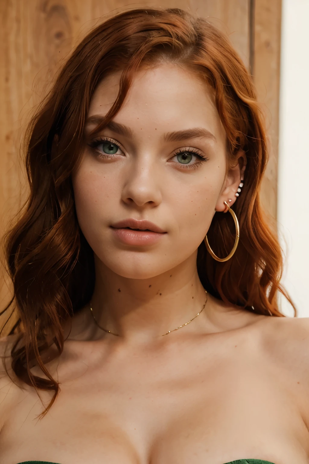 The face of a young woman, green eyes, red curls, nose piercing, ear rings, full lips, index finger in front of the lips, sexy Blick