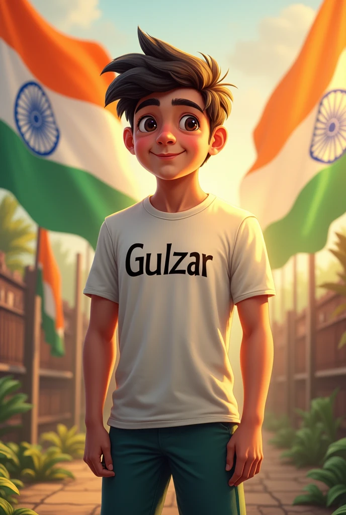 In Independence day create a 18 years age boy beautiful image for 15 August 2024 . With name Gulzar. In a t shirt and long pant and the name "Gulzar " should be written in the t shirt. With the indian flag