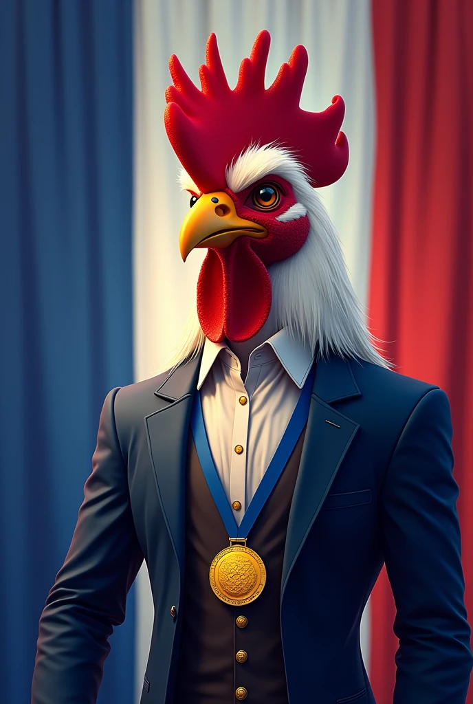 A rooster mascot, all majestic and refined, wearing a blazer and looking elegant, wearing the gold medal of the 2024 Paris Olympics around its neck, and the background of the image the colors of the French flag