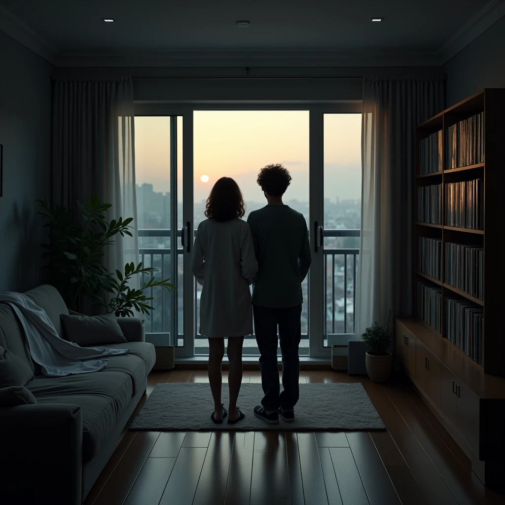 The image must be seen from inside the apartment, showing the apartment from the inside and the couple with their backs to the balcony The apartment must have dark wooden floors, a psychologist&#39;s lab coat thrown on the sofa. Have a large and integrated room, a bookshelf of books and vinyl records The guy has short curly hair, has brown skin and the woman has medium hair